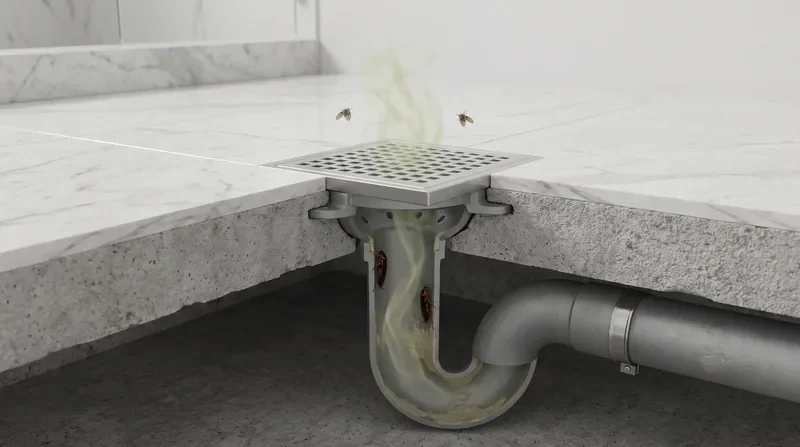 Floor drain cutaway: the P-trap has dried out, letting sewer gases and insects through into the room