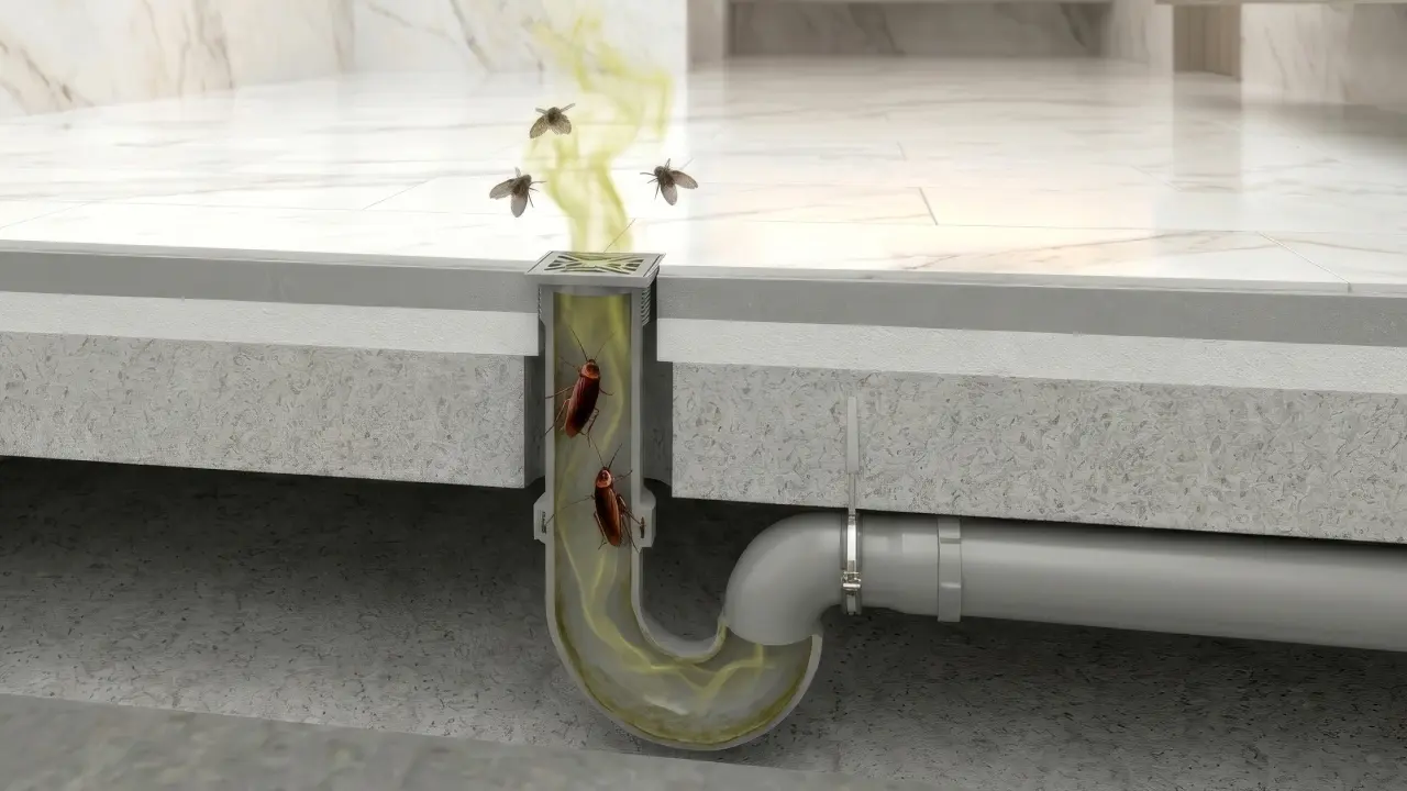 Floor drain without a trap — pests and gases pass through freely.